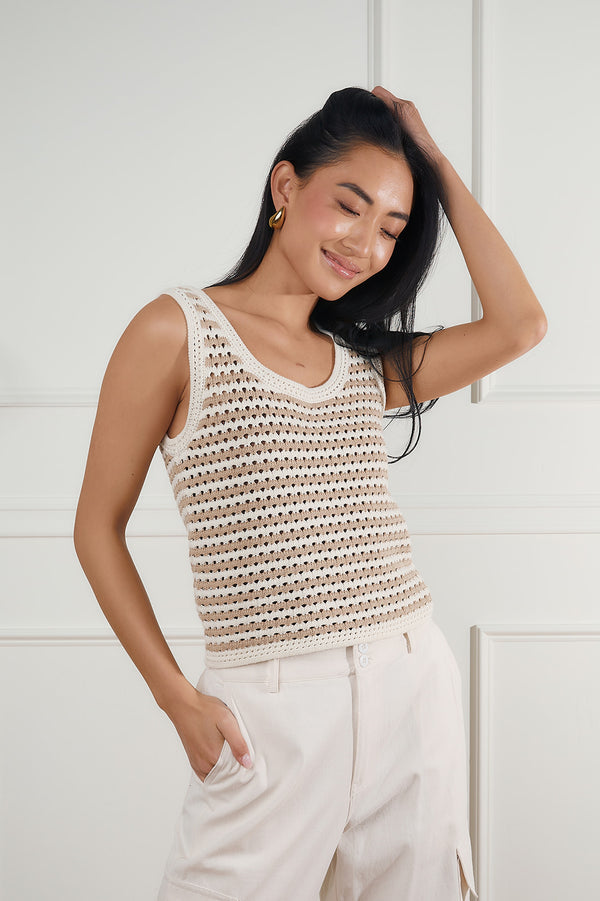 Striped Crochet Knit Top in Taupe
