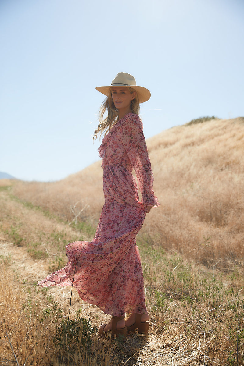 Desert Rose Print Ruffled Maxi Dress