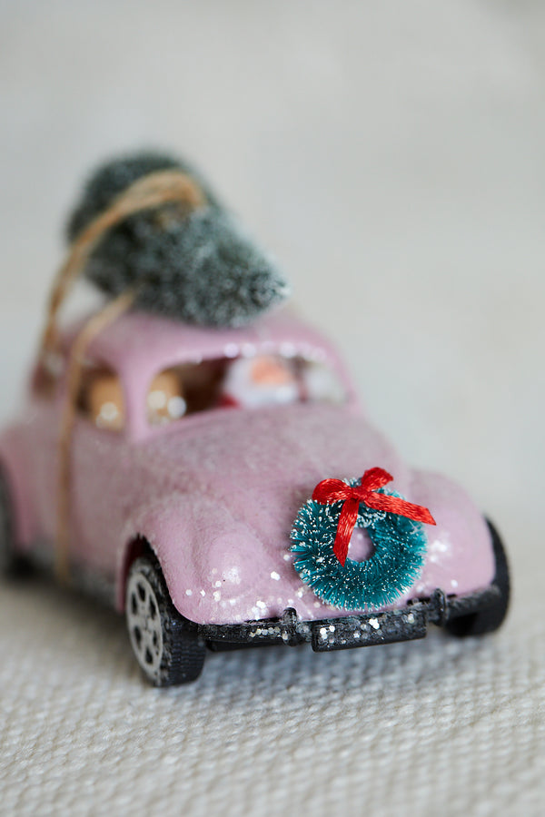 Santa & Pink Glitter Car with Tree Ornament