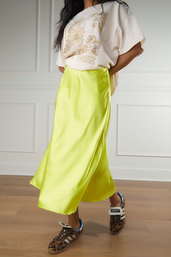 Satin Chartreuse Midi Skirt