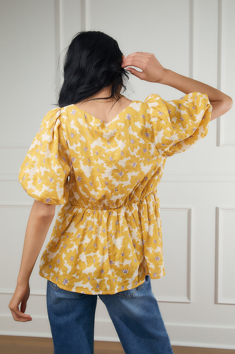 Clara Yellow Floral Bubble Sleeve Top