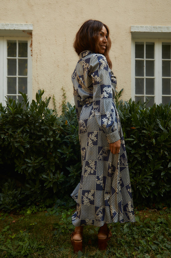 Emily Navy Blue & Taupe Button Up Dress