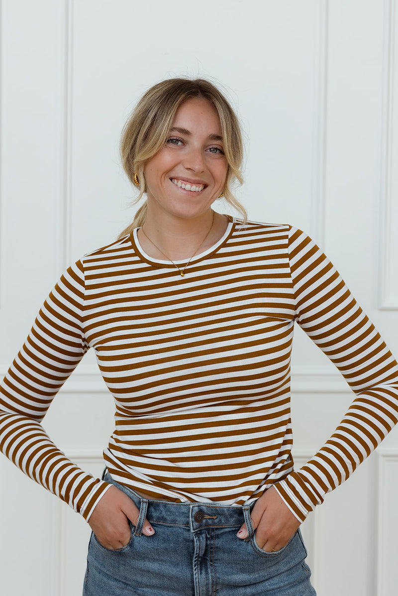 Harper Striped Top in Brown & White