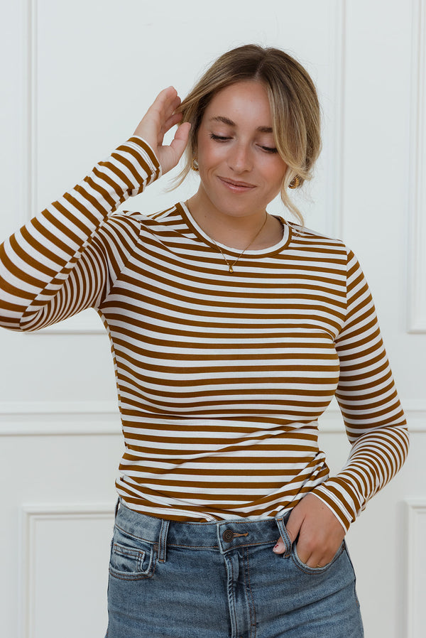 Harper Striped Top in Brown & White