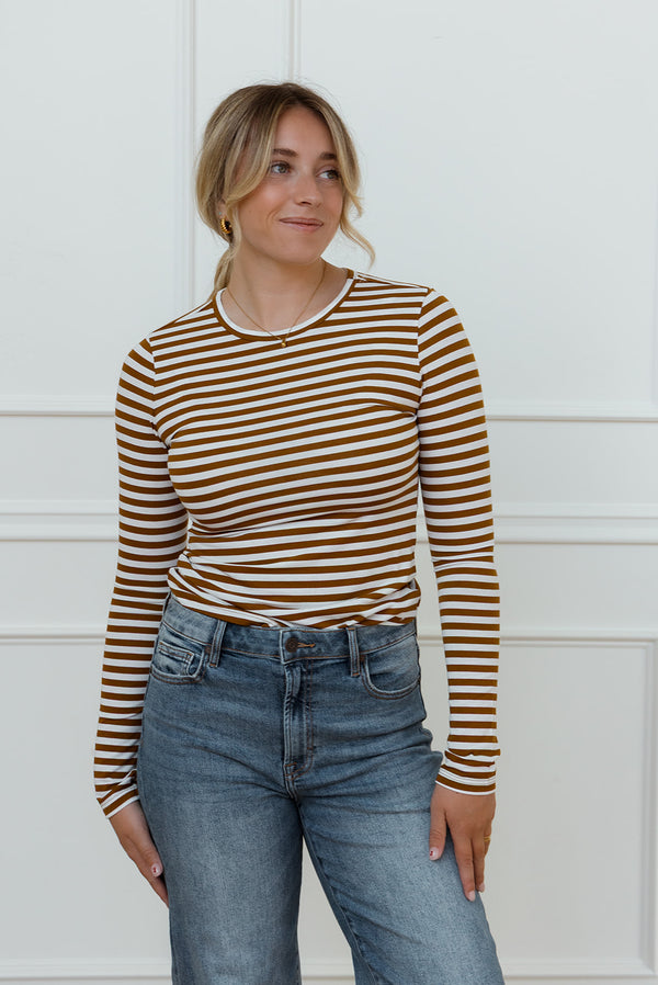 Harper Striped Top in Brown & White