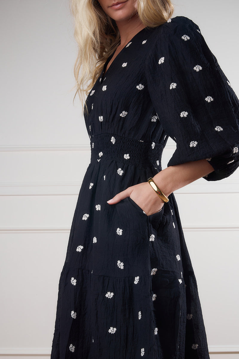 Lilah Embroidered Button Front Midi Dress