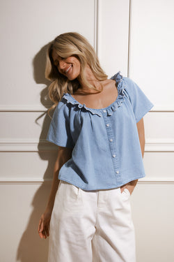 Mya Light Denim Ruffle Top