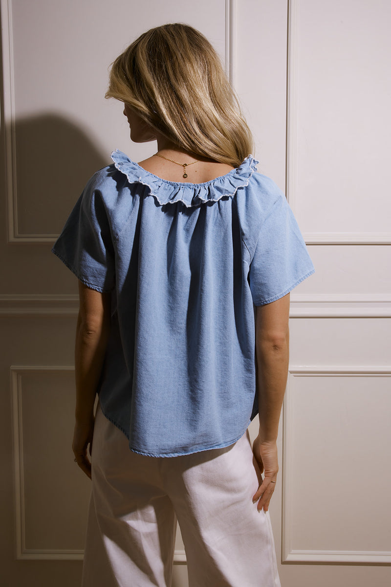 Mya Light Denim Ruffle Top