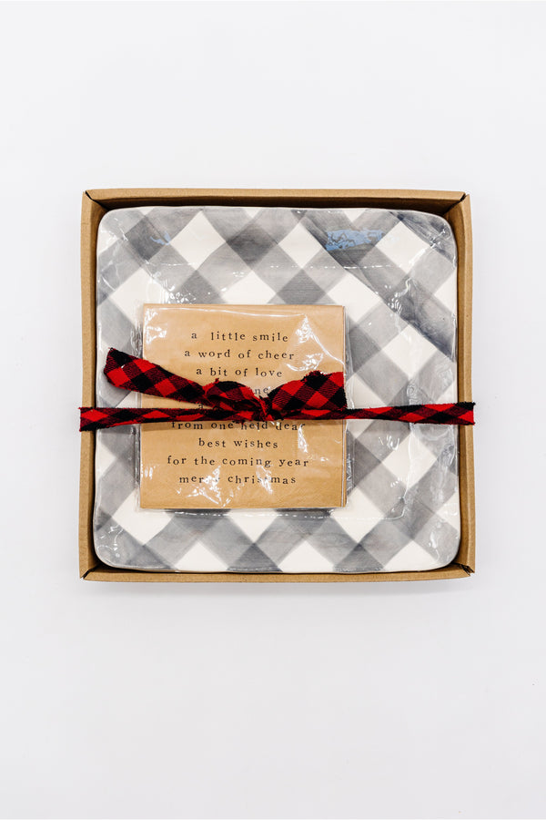 Merry Christmas Grey Check Cheese Plate
