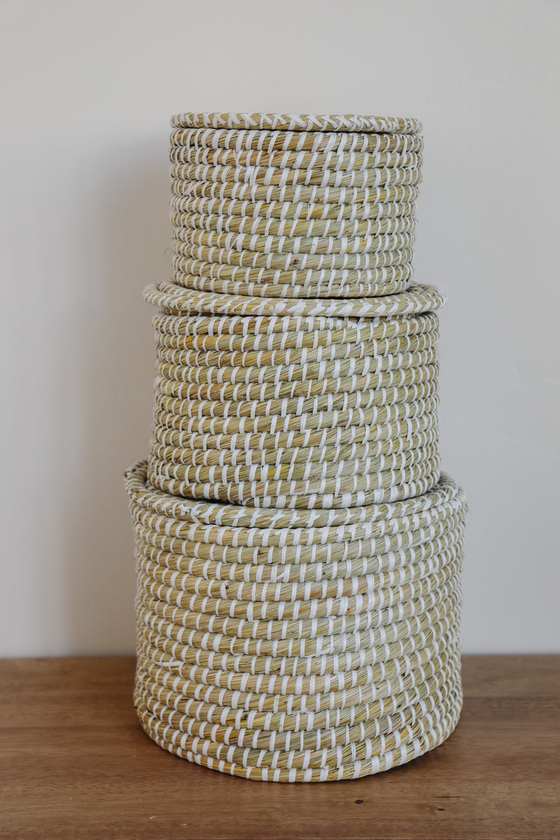 Whitewashed Woven Baskets with Lid